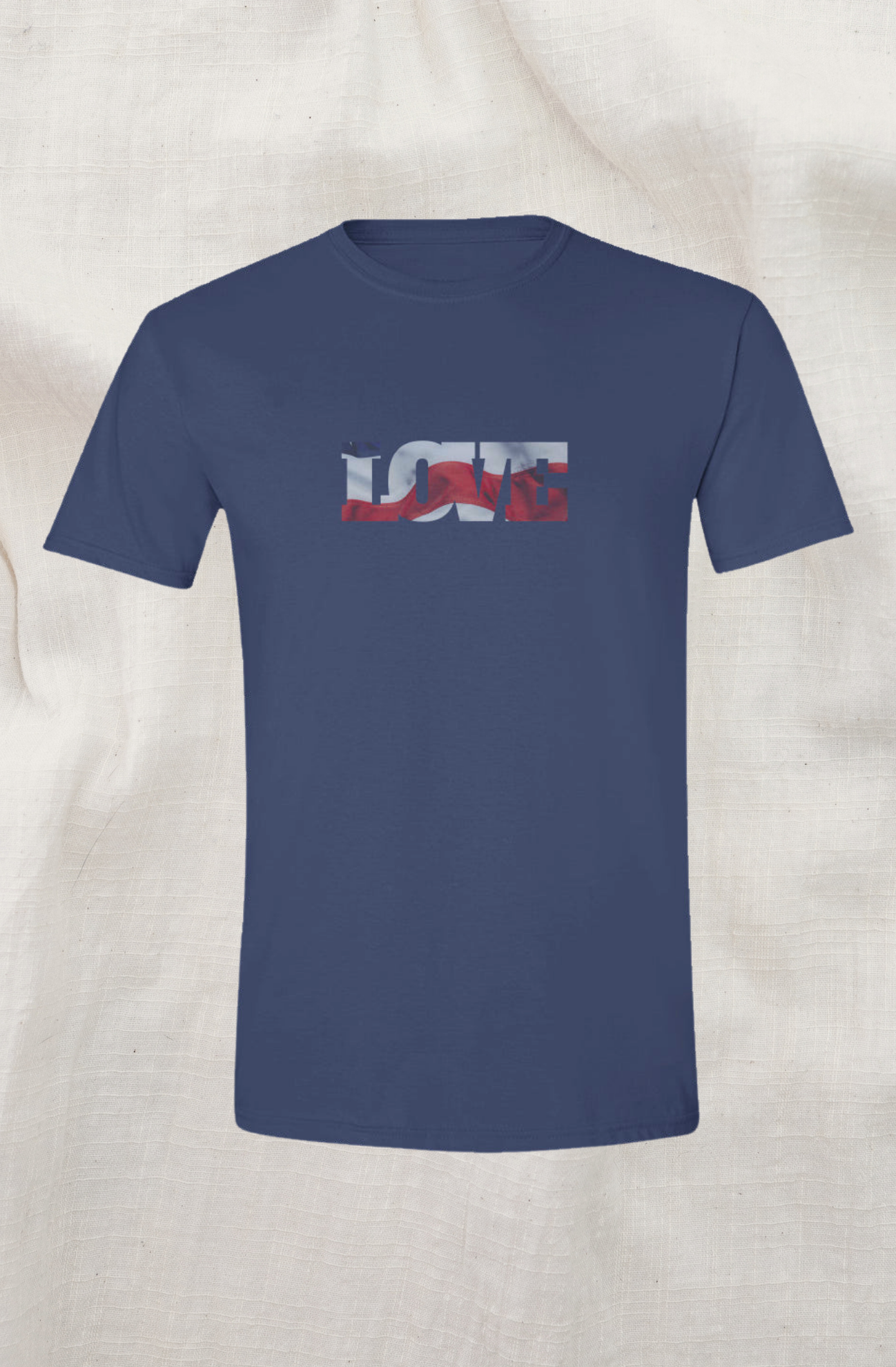 Navy blue t-shirt with a graphic design on a light gray background